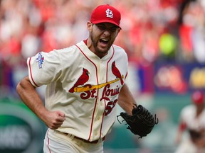 St. Louis Cardinals starting pitcher Michael Wacha reacts after retiring the Los Angeles Dodgers during the sixth inning in Game 2  of the National League Championship Series (Scott Rovak-USA TODAY Sports)