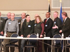 The candidates for town council started thier views and intentions at the Chamber of Commerce forum on Tuesday, Oct. 8. From left Norm Hodgson, Bill McAree, Derek Schlosser, Paul Chauvet, Cody Haller, Orest Bliznicenko, Darlene Chartrand, Eris Moncur, Paul Lypschuk and Chamber president Neil Shewchuk.

Celia Ste Croix | Whitecourt Star