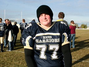 Shaelynn Jabs plays noseguard for the Warriors football team. It’s her first year playing football and she came at a good time as the squad enjoys a season of straight wins so far. Jabs plans to join the Canadian Forces reserves after the football season finishes.