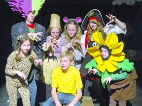 Matt de Kort, middle, playing Louie, is surrounded by the gang, from left to right, Sarah Arnold, Kevin Abey, Sophie Moodie, Rhys Adams, Lauren Chetley-Campbell, and Jessica de Kort, who star in Captain Louie Jr. at the Spriet Family Theatre.
