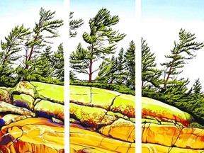 Lichen Covered Shoreline, by Margarethe Vanderpas, is among the works in the exhibition titled Autumn Splendor, now on at Westland Gallery in Wortley Village until Nov. 2