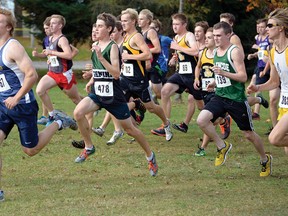 Devin Nicholson (478) pulled away from his TVRA Tri-County senior boys cross-country competition Wednesday at Springwater Conservation Area. CHRIS ABBOTT/TILLSONBURG NEWS