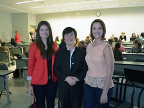 Coun. Joni Baechler with Jen Carter, president, Kings University College Students’ Council and Emily Addison, president, Huron University College Students’ Council at the launch of Head Start London Oct. 18, 2013 at Kings University College in London, Ont. Head Start encourages young women to become more actively involved in politics.