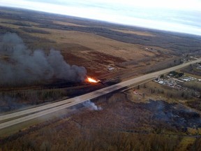 RCMP Air One supplied this photo of the fire burning as a result of a train derailment in Parkland County.