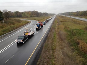 More than 200 vehicles moved down Hwy. 402 from Forest to Strathroy Saturday during a large anti-wind demonstration. DEREK RUTTAN / THE LONDON FREE PRESS / QMI AGENCY