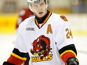 Garrett Hooey scored his team-leading seventh goal of the season for the Belleville Bulls Saturday night at Niagara in a 4-1 loss to the Ice Dogs. (Aaron Bell/OHL Images)