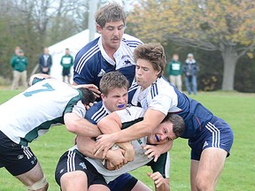 Loyalist (blue jerseys) vs. Trent University in OCAA men's rugby action, Saturday afternoon at Loyalist College. (Carly Donaldson for The Intelligencer)