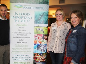 Community leaders gathered for the "Food Connections: Building a Sustainable, Local Food System" forum Saturday, Oct. 19, 2013. Pictured here are guest speaker Dave Meslin, Simone Edginton, of the Sarnia-Lambton Food Coalition; and Lana Smith, of the Healthy Living Lambton, Healthy Communities Partnership. BARBARA SIMPSON / THE OBSERVER / QMI AGENCY