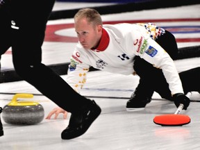 Brad Jacobs throws a rock during action at the Canad Inns Prairie Classic Sunday. Jacobs is one of eight teams to qualify for Monday's playoffs.