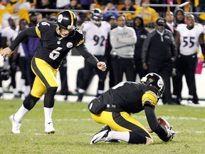 Pittsburgh Steelers' Shaun Suisham (6) of Wallaceburg kicks a 42-yard field goal as time expires to beat the Baltimore Ravens 19-16 on Sunday at Heinz Field in Pittsburgh. Suisham's fourth field goal of the game lifted the Steelers (2-4) to their second straight win. He was also good from 34, 28 and 38 yards against the defending Super Bowl champions, improving to 14-for-14 this season. Suisham won three games on his final kick last season when he was the two-time AFC special teams player of the week. (CHARLES LECLAIRE/USA Today)