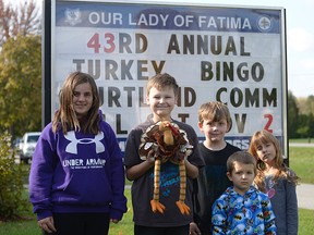 With their turkey bingo mascot, from left, are Our Lady of Fatima students Skyla Figliuzzi, Michael Brown, Cole Toth, Joel Demaiter, and Alex Crowder. Our Lady of Fatima Catholic School is hosting its 43rd Annual Turkey Bingo on Saturday, November 2nd. CHRIS ABBOTT/TILLSONBURG NEWS