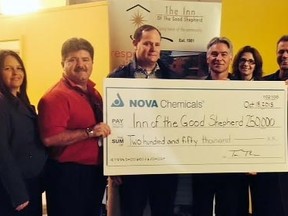 NOVA Chemicals recently donated $250,000 - $50,000 over five years - to the Inn of the Good Shepherd following an announcement that the non-profit organisation would be facing a $180,000 reduction in its annual government funding. Pictured here are, from left, Krista Hagan, Myles Vanni of The Inn of the Good Shepherd, Rob Thompson, Tom Thompson, Tracy Tiernay, Ted Cooper, Brian Knott, Past Chair Inn of The Good Shepherd.
SUBMITTED PHOTO