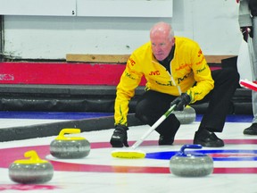 Glenn Howard eyes an oncoming rock during the Canad Inns Prairie Classic final Oct. 21. (Kevin Hirschfield/THE GRAPHIC/QMI AGENCY)