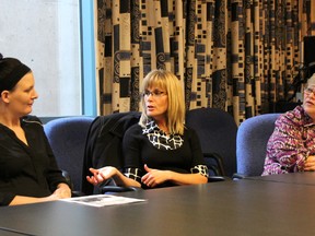 Lambton College and Sarnia-Lambton Rebound announced a new series of training sessions, "Understanding Gender and Sexual Diversity and Inclusivity." Crystal Fach (left), Teri Thomas-Vanos, and Wendy Asher (right) discussed how the sessions will get the community thinking about sensitivity and acceptance on issues of gender and sexual diversity. MELANIE ANDERSON/THE OBSERVER/QMI AGENCY