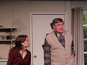 Here is a photo of dress rehearsal for 1-900-DEE-LITE.  Preview is Thursday with opening night on Friday including Meet and Greet following the show.
The picture is of Julianna Thompson as Jennifer and Peter Leack as Tom.
