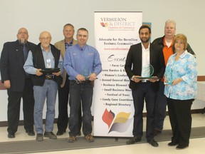 From left: Vermilion and District Chamber of Commerce President Scott Kovatch, Lawrence Ferbey Owner of Ferbey Sand and Gravel: Employer of the Year, ATB Director of Business Dale Beaudry, Darrin Zubiak, Owner/Manager of Fountain Tire Vermilion: Business of the Year, Harp Khela, Owner of Harp’s Family Foods and Pat Halley, Store Manager : Spirit of Vermilion and President’s Award, and Lynn Filgate of Clarke Insurance: Rookie Business of the Year.
Missing: Linda Boychuk (Craig’s of Vermilion): Employee of the Year
