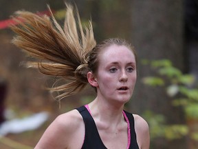 Bayside's Taylor Blair competes in the junior girls event at the COSSA cross-country championships, Wednesday at Ganaraska Forest north of Port Hope. (PAUL SVOBODA/The Intelligencer)