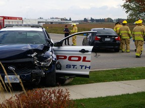 A St. Thomas police officer and the driver of a second vehicle were taken to St. Thomas-Elgin General Hospital after their cars collided Oct. 18, opposite Valleyview Home.