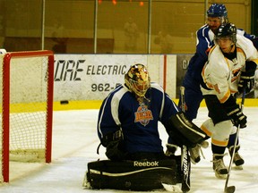 Jordan Kolisniak of the Eagles was their best player in their home opener on Oct. 19 as he scored twice in his team’s 6-4 loss to the expansion Okotoks Drillers. On this tip, he just missed the corner of the net. With less than 10 minutes left in the game Kolisniak received a misconduct penalty so his firepower wasn’t available as the Eagles pressed in the dying moments but couldn’t score against Drillers goalie Gerry Festa. - Gord Montgomery, Reporter/Examiner