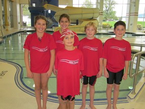 The Sarnia YMCA Rapids swim team recently took home a number of titles at a meet in Aylmer, Ontario. Pictured here are the 200m freestyle team of (left to right) Samantha Bedard, Ciara Brown, Kaiden Rawson, and Jack Biggar, as well as Jack Girardi, winner of the 50m freestyle. SUBMITTED PHOTO