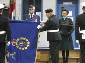 Princess Anne presents a new Princess Royal's Banner to the communications and electronics branch at a ceremony at CFB Kingston Friday morning.
Elliot Ferguson The Whig-Standard