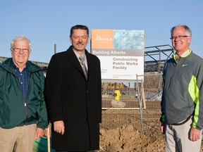 Ald. Bill Steinburg, Doug Horner, Spruce Grove - St. Albert MLA, Mayor Stuart Houston and Ald. Louise Baxter stand in front of the Public Works construction site on Oct. 16. - Photo Supplied