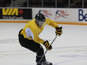 Sarnia Sting forward Nick Latta, pictured here at a team practice in September, scored his 12th goal of the season in Saturday night's 5-4 loss to the Plymouth Whalers. Latta's goal was his 7th in Sarnia's last 5 games, and he is currently on pace for a career year in points. SHAUN BISSON/THE OBSERVER/QMI AGENCY