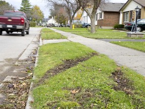 Vehicle tracks on a Wexford Ave. front lawn, where a 10-year-old Tyler Boroks was struck by a car while riding his bike along the residential street. CRAIG GLOVER/London Free Press/QMI Agency