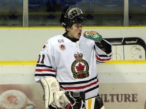 As Braden Palocz goes, so does the Sarnia Legionnaires. The number 2 goalie to start the season, Palocz is now the main man following an injury to veteran goaltender Sean Parker. (SHAUN BISSON/THE OBSERVER/QMI AGENCY)