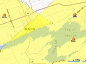 A Hydro One map shows areas that are currently affected by power outage.