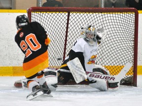 Derrick Knill (left) of the Elma Logan Bantams fires one of his two goals past Mitchell Bantam AE goalie Tanner Knechtel Friday during WOAA league action in Mitchell. The teams skated to a 4-4 tie, with Mitchell’s Ben Hart’s second goal of the game with 43-seconds left the tying goal. Kurtis Eisler and Curtis Lockhart also scored for Mitchell. ANDY BADER/MITCHELL ADVOCATE