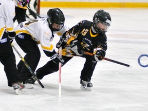 Erika Neubrand of the Mitchell U12PP ringette team clears the ring out of the defensive zone against Elora-Fergus during WORL action Saturday in Mitchell, an 8-1 win. ANDY BADER/MITCHELL ADVOCATE