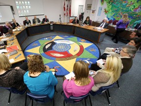 A delegation of teachers from Earl Prentice Public School in Marmora make a presentation on the school's approach to retrospective practices before member of Hastings and Prince Edward District School Board during the board's last meeting in Belleville, Ont. Monday evening, Oct. 28, 2013. JEROME LESSARD /The Intelligencer