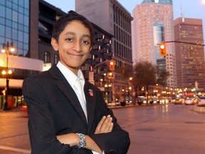 Twelve-year-old Vishal Vijay stands on Portage Avenue in Winnipeg, Man. Tuesday October 29, 2013. Vijay will be one of the speakers at We Day on Wednesday.