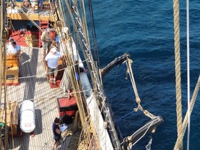 A manta trawl net is pulled behind the tall ship Niagara in 2012 during a trip through the Great Lakes as part of a plastic pollution survey by researchers at the State University of New York at Fredonia. The Great Lakes and St. Lawrence Cities Initiative is calling on governments and industry to act on microplastic pollution of the lakes. SUBMITTED PHOTO