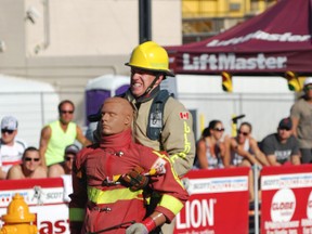Ian VanReenen pulls a test dummy during competition at the Scott World Firefighter Combat Challenge held in Las Vegas from Oct. 22 to 27. VanReenen was named Rookie of the Year and led the Canadian Men's Relay team to a gold medal. (Submitted photo)