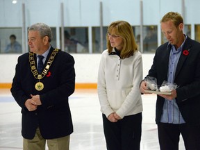 Celebrity judges -- Norfolk County Mayor Dennis Travale, Skate Canada official Sheri Bradshaw, and retired NHL player Ryan Vandenbussche. CHRIS ABBOTT/TILLSONBURG NEWS