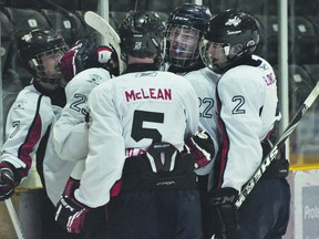 The Central Plains Midget AAA Capitals celebrate a goal during a game against Interlake Oct. 30. (Kevin Hirschfield/THE GRAPHIC/QMI AGENCY).