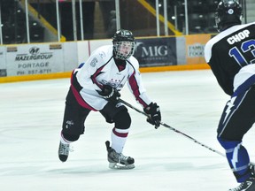 Central Plains Midget AAA Capitals defenceman Alec Masse holds the blueline during a game against Interlake Oct. 30. (Kevin Hirschfield/THE GRAPHIC/QMI AGENCY).