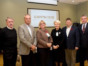 Bluewater Health and its partners recently took another step forward in the planning of an Integrated Withdrawal Management Program for Sarnia-Lambton. Pictured are, from left, Sarnia Mayor Mike Bradley; Gary Switzer, CEO, Erie St. Clair LHIN; Deborah Hook, Project Manager, Bluewater Health; Lynda Robinson, VP of Operations, Bluewater Health; Todd Case; and Stéphane Thiffeault, Board Chair, Bluewater Health.
SUBMITTED PHOTO