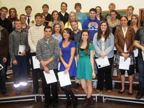 Glendale High School recognized its Grade 11 subject award winners, and top academic proficiency students Friday morning during its annual awards assembly. In the front row of this photo, are: Jordan Campos third overall proficiency, 93.57%; Jennifer Gilvesy first overall proficiency, 94.43%; and Rosalyn Stetler, third overall proficiency, 91.57%. The list of subject award winners featured: University/College Dance, Callie Berlet; Drama, Brendan Lowrie-Dennis; University/College Drama, Gordon Nichols; University/College Music, Campos; Music Repertoire, Campos; Visual Arts, Jill Vermeeren; University/College Visual Arts, Victoria Steer; U/C Introduction To Financial Accounting, Andrew Weaver; College Marketing, Marlies de Wit; Workplace Introduction to Accounting, Gilvesy; U/C Physical Geography, Joshua Sandor; U/C World History, Justin Carpani; U/V Law, Andrea Balcom; Workplace Understanding Canadian Law, Jocelynn Bannister; University English, Carpani; College English, Jill Van Daele; Workplace English, Greg Vanwynsberghe; Media Studies, Gilvesy; University Core French, Gilvesy; Leadership and Peer Support, Megan Demaree; Healthy Active Living Female, Jessica Debackere; Male, Paul Szorenyi; Health For Life, Kaitlyn Vermeeren; University Functions, Campos; U/C Functions and Applications, Leah Dalm; College Foundation Math, Madison Hansford; Workplace Math, Dylan Wardle; University Biology, Sandor; College Biology, Jamey Curry; University Chemistry, Campos; Workplace Environmental Science, Ashley Cammaert; University Physics, Campos; Workplace Managing Personal Resources, Danny Young; Living Spaces and Shelter, Stephanie Haley and Jelissa Klassen; U/C Anthropology, Gilvesy; Parenting, Raelene Hopper; Hospitality and Tourism, deWit; Communications Technology Broadcast and Print, Amelia Devlin; U/C Communications Technology, Steven Dodd; U/C Computers, Bartsch; College Construction Technology, Brennen Layng; Workplace Green Industries, Timothy Vuylsteke; U/C Green Industries, Jack McCormick; College Manufacturing Technology, Quinn Ongena, Fons Van den Broeck, Brody VanZeggelaar; Workplace Manufacturing, Decoda Anderson; Technological Design and the Environment, Carpani; College Transportation, Justin Crandall; College Transportation Auto Service, Collin Burrell; and Workplace Custom Woodworking, Rico Cormier. Jeff Tribe/Tillsonburg News