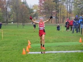 Clinton Smith crosses the finish line in first place to claim his second straight OCAA title at Redeemer University on Saturday, Oct. 26.  (Submitted photo)