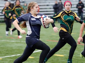 Action from Thursday's COSSA AAA senior girls rugby final between Quinte and Centennial, Thursday at MAS Park. (JEROME LESSARD/The Intelligencer)