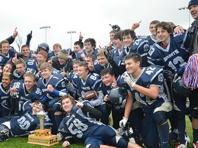 The Quinte Saints celebrate their 7-6 win over Centennial in the Bay of Quinte junior football final Saturday at MAS Park. (Photo submitted)