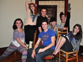 Choreographer Cameron Carver (middle) is surrounded by the singers and dancers in his upcoming production On Broadway during a rehearsal in London, Ont. Oct. 30, 2013. Pictured (from left to right) is Alexandra Grant, Sophia Noguera, Trevor Patt, Jade Repeta. Caitlin Mckeon and Samantha Sendas. CHRIS MONTANINI\LONDONER\QMI AGENCY