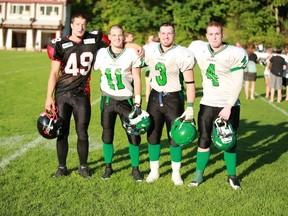(L-R): Cody Macinnis, Danton Nagorski, Ty DeRayos, Josh Giroux were some of the Portage Collegiate alumni who played in the B.C. junior football league (British Columbia Football Conference) this season. (Mike Lukyn/submitted photo)