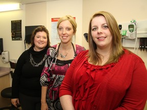 The staff at the Sudbury District Nurse Practitioner Clinics at Riverside Drive in Sudbury, includes Jennifer Clement, left, nurse practitioner and clinical director, Kim Demers, nurse practitioner, and Jennifer Dawson, primary health care nurse practitioner.  JOHN LAPPA/THE SUDBURY STAR/QMI AGENCY