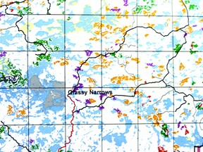 A close-up of logging site map from MNR’s 2012-2022 Whiskey Jack Forestry Management Plan. The grey area indicates Grassy Narrows First Nation. The orange areas are logging sites scheduled for harvesting during Phase 2 of the plan in 2017. Purple are back-up logging sites, and green are to be harvested as soon as the plan is approved.
