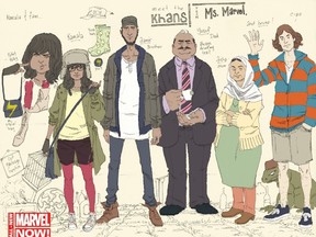A new Marvel Comics cover shows Ms Marvel as Kamala Khan (2nd L), the 16-year-old daughter of Pakistani immigrants, in this undated handout provided by Marvel Comics. The rest of the family next to Kamala (3rd L to R) is brother Aamir, father Yusuf, mother Disha, and friend Bruno (waving).  REUTERS/Adrian Alphona/Marvel Comics/Handout via Reuters