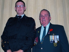 Korean War veteran Bob Maginn, right, stands with Warrant Officer Jason Sawyer of the No. 7 Royal Canadian Army Cadets at a recent gathering at Lord Elgin Branch 41, Royal Canadian Legion. This year marks the 60th anniversary of the end of the Korean War.